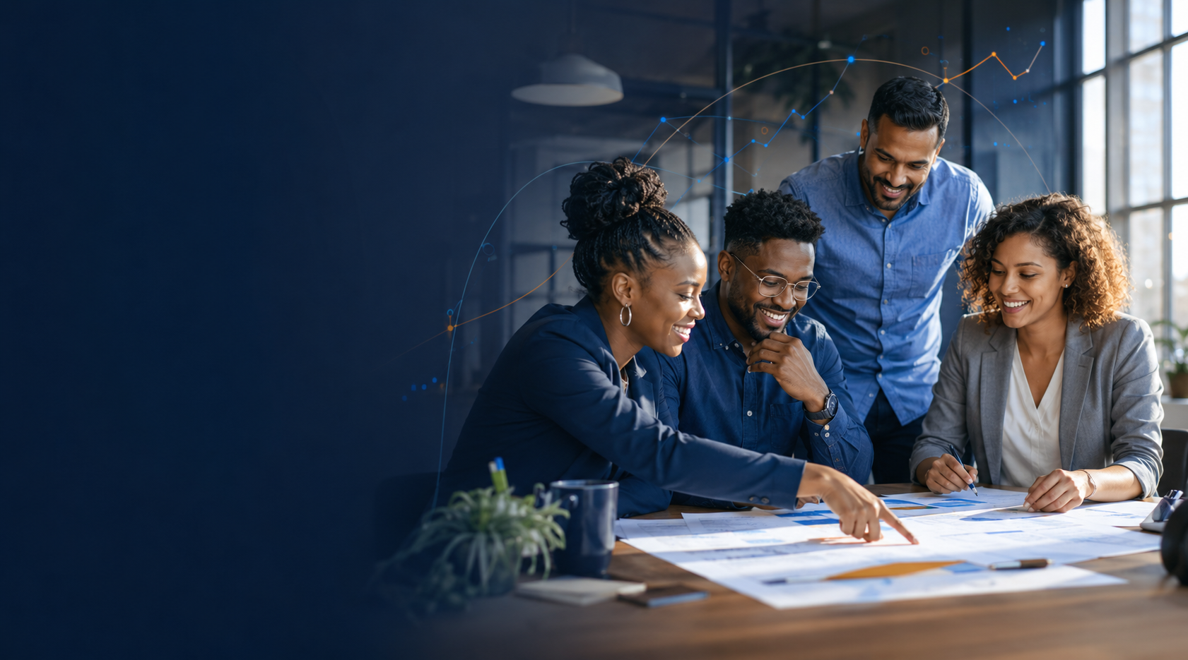 A diverse professional team collaborating around workplace performance data